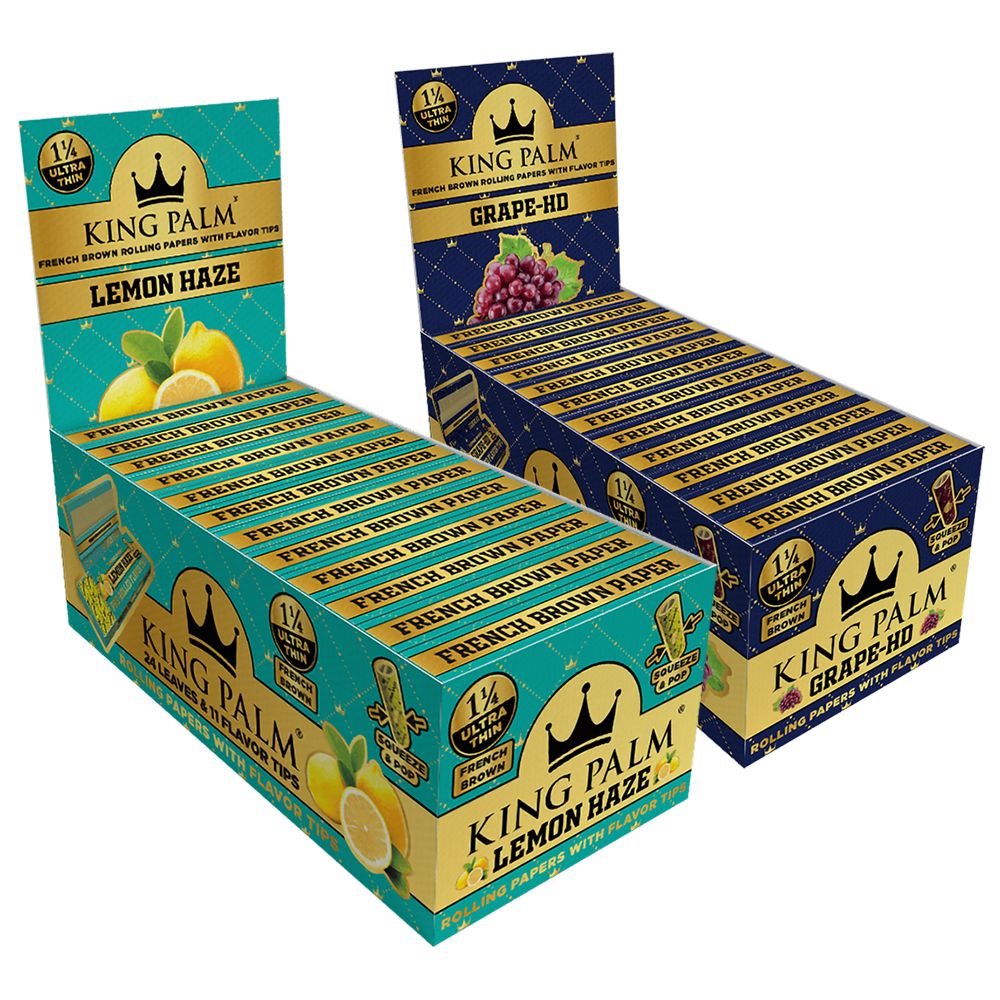 King Palm French Brown Rolling Papers with Flavor Tips, 24pk Display, Lemon Haze & Grape-HD