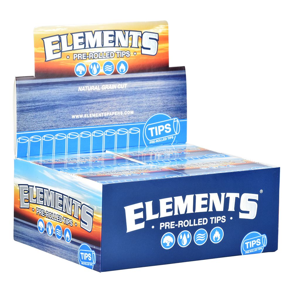Elements Pre-Rolled Tips display box with 21-piece packs, front view on white background