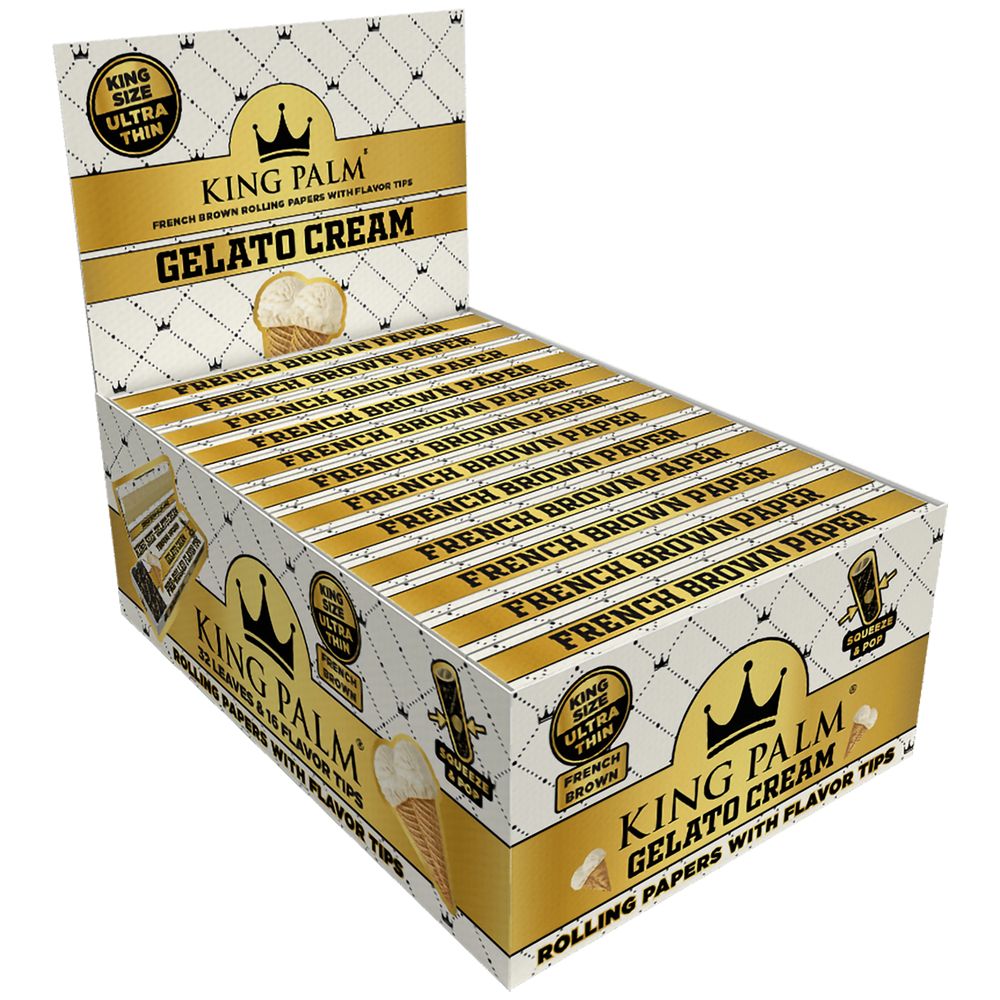 King Palm French Brown rolling papers display box with Gelato Cream flavor tips, 22 pack
