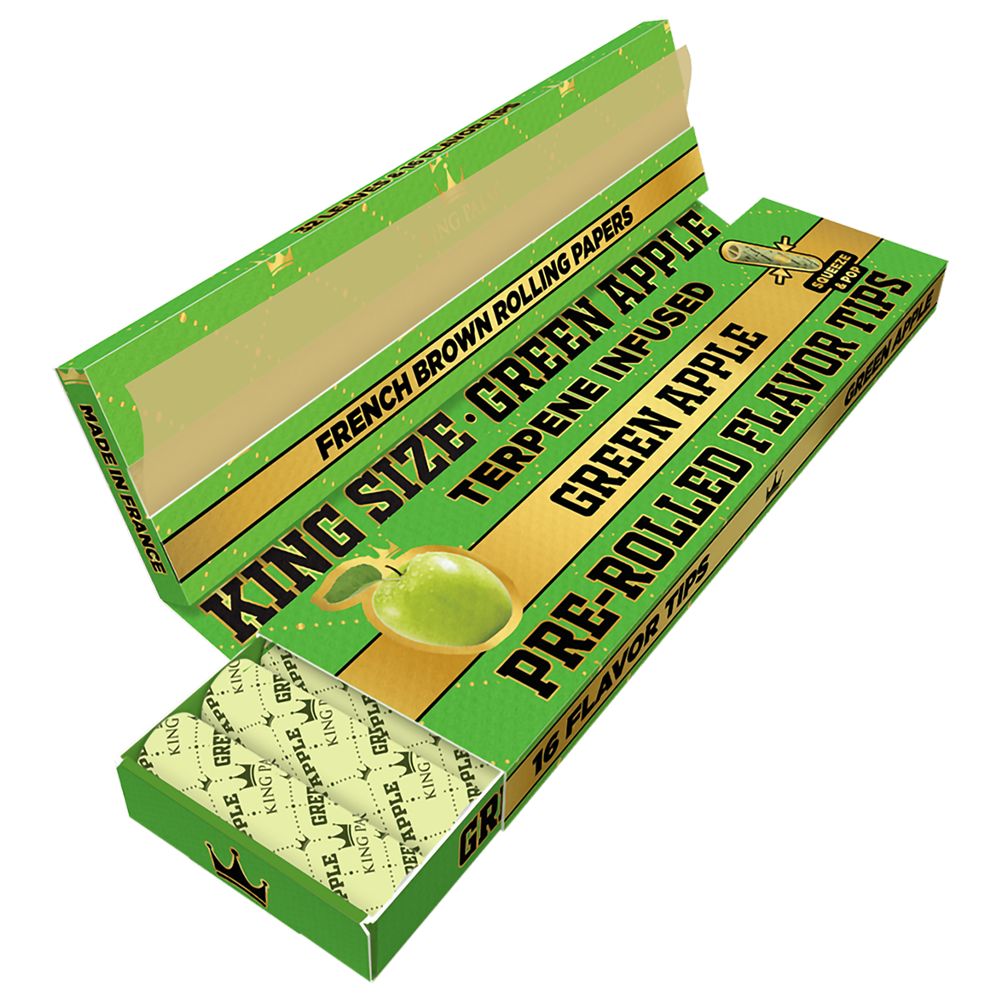 King Palm French Brown King Size Rolling Papers with Flavor Tips displayed in open 22pk box