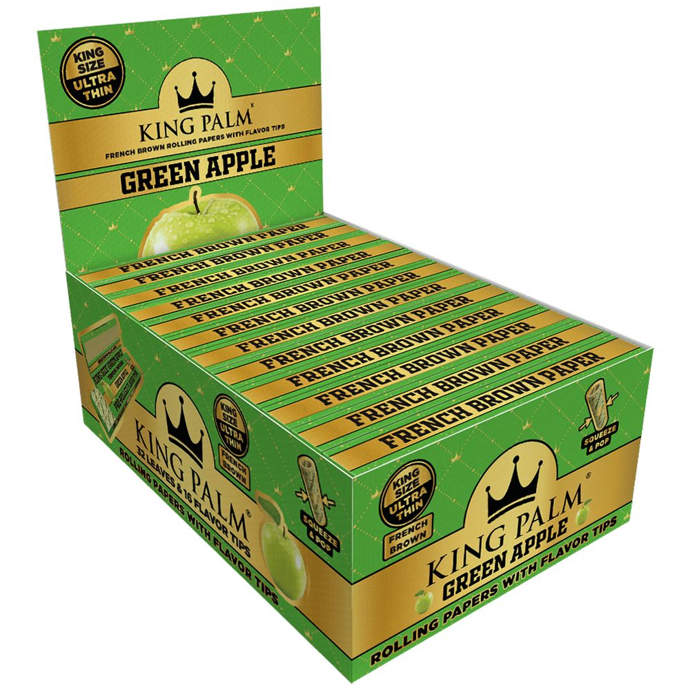 King Palm King Size French Brown Rolling Papers with Green Apple Flavor Tips, 22pk Display Box