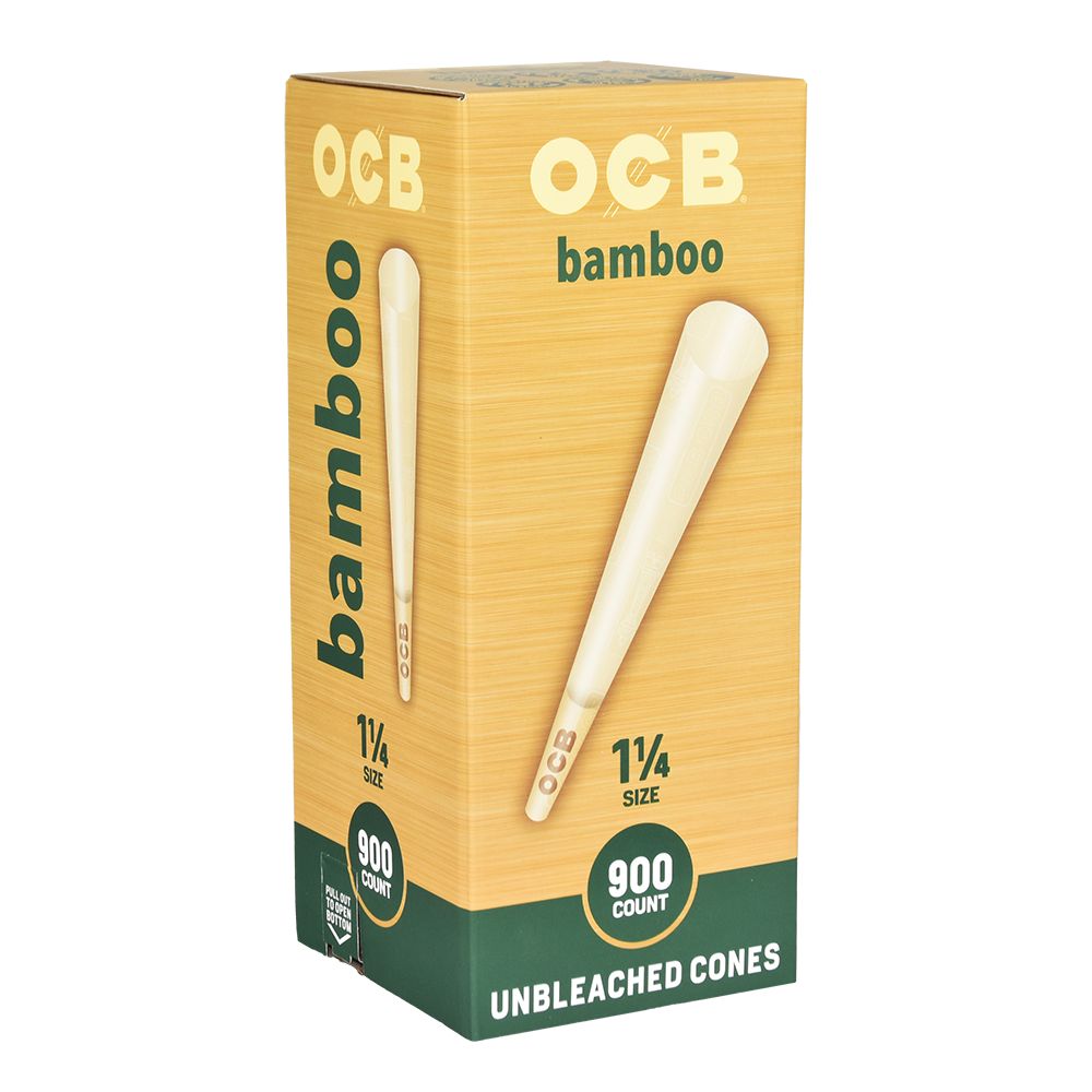OCB Bamboo 1 1/4" Ultra-Thin Pre-Rolled Cones 900ct Box Front View - Vegan & Slow-Burn