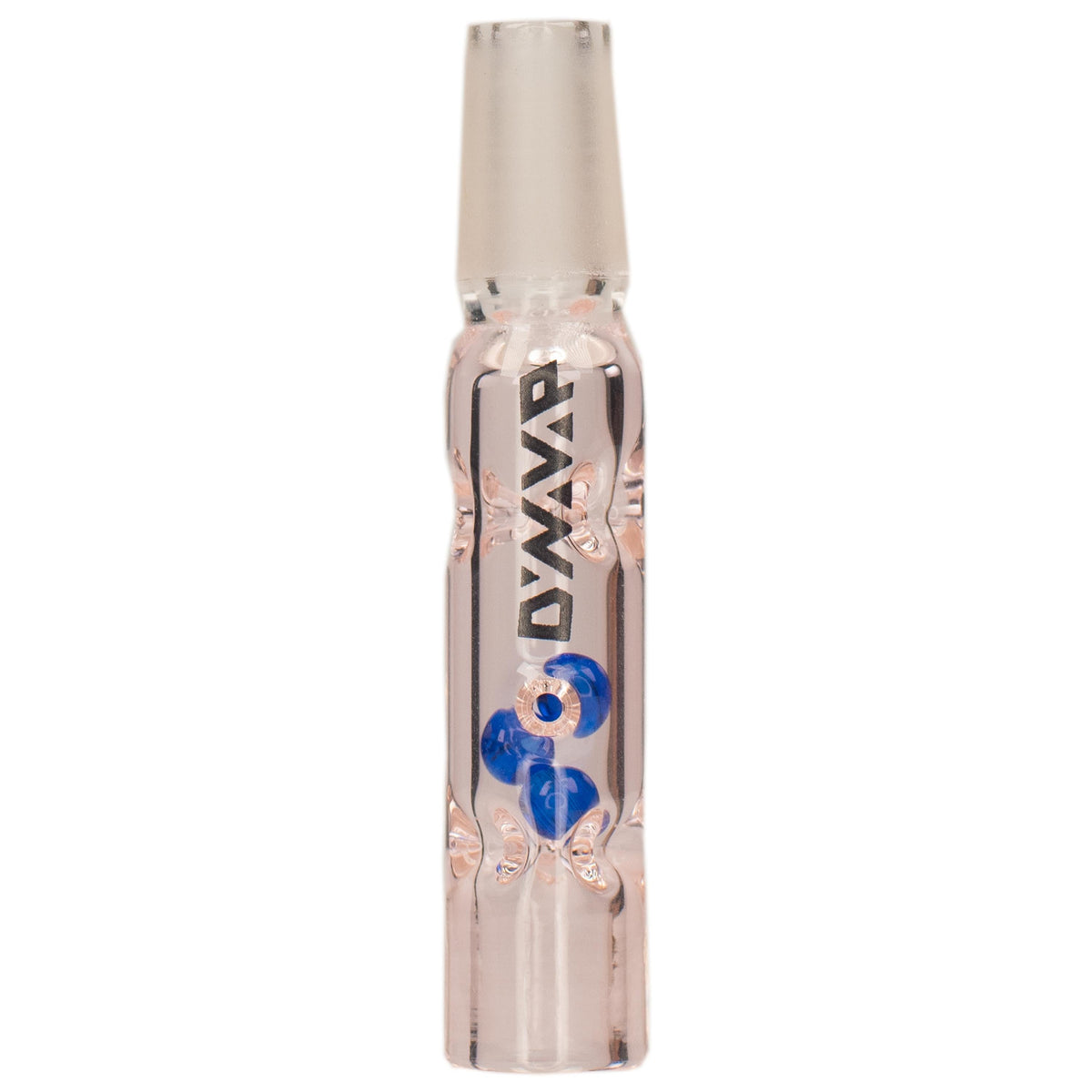 DynaVap BB3 pink glass stem showing three blue diffusion beads and divots inside the tapered midsection