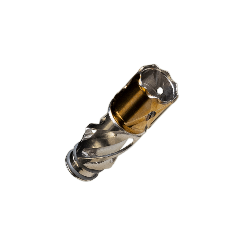 Second horizontal product photo of the DynaVap Helix Titanium Tip, showing the triple helix fins along the tip's length.