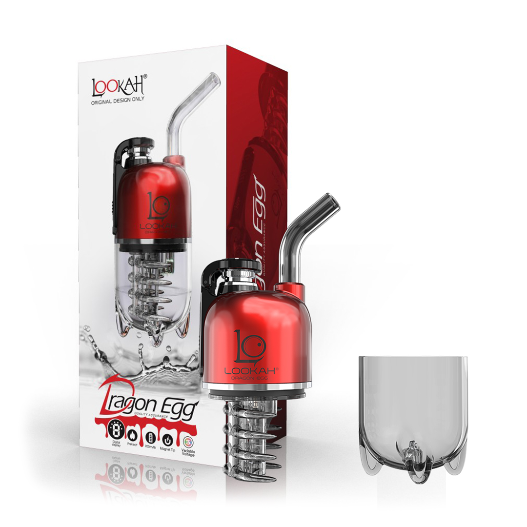Lookah Dragon Egg Vaporizer in red with glass percolator and packaging, front view