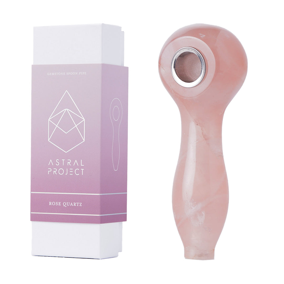 Astral Project Rose Quartz Gemstone Spoon Pipe with Borosilicate Glass, Front View