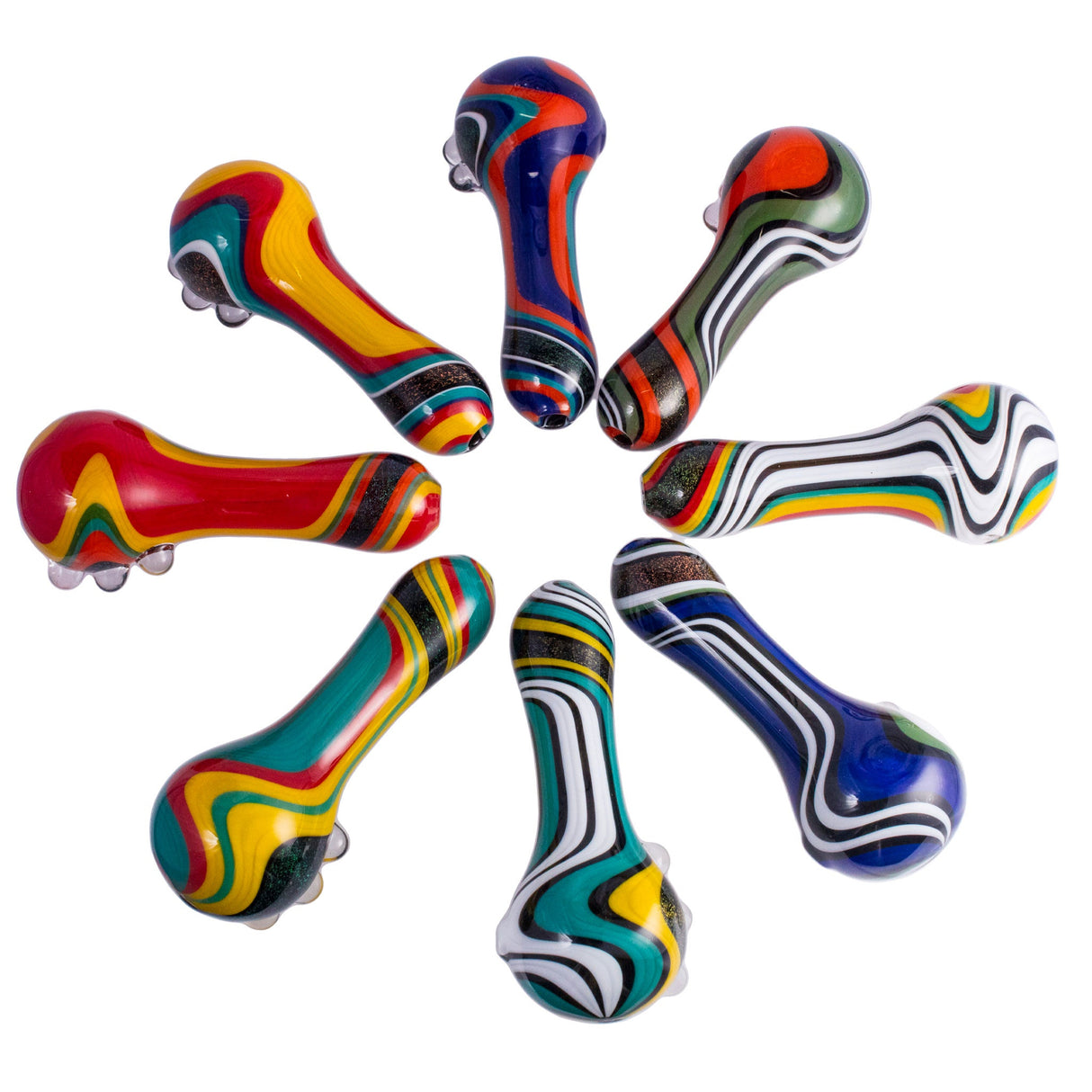 Assorted Crush Dichroic Glass Spoon Pipes with Colorful Grip Bumps 4" on White Background