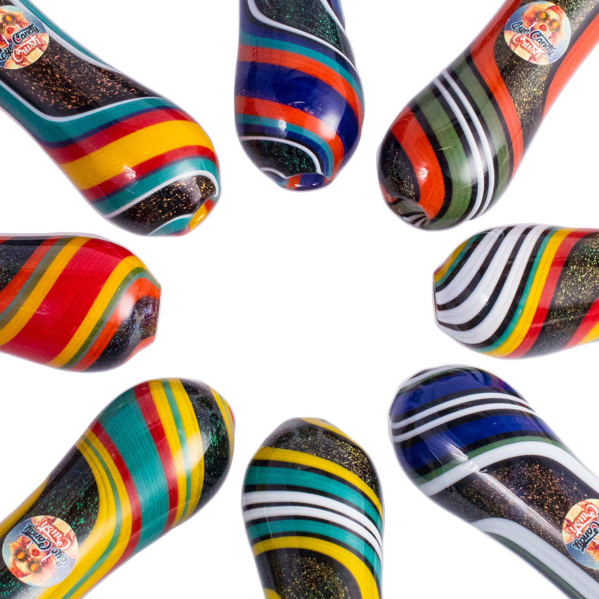 Variety of Crush Dichroic Glass Spoon Pipes with Colorful Grip Bumps 4" on White Background