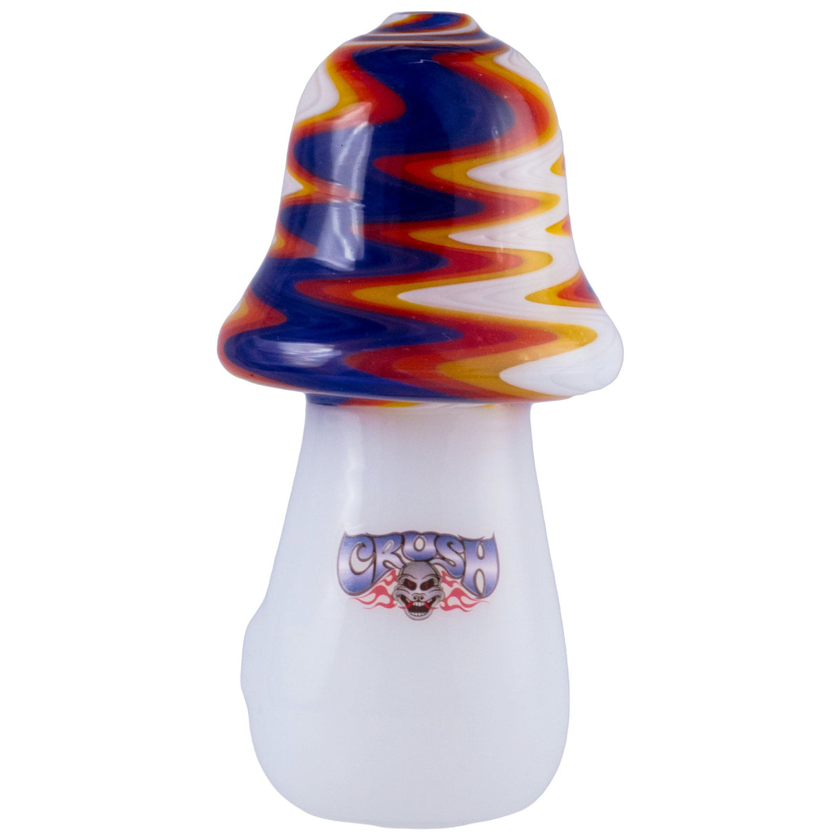 Crush Headdy Topper Hand Pipe with Colorful Mushroom Design and Dragon Badge, Front View