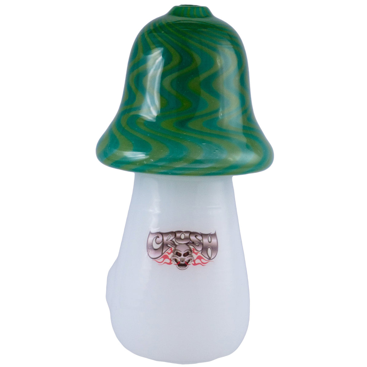 Crush Headdy Topper Green Mushroom Hand Pipe with Intricate Dragon Badge - Front View