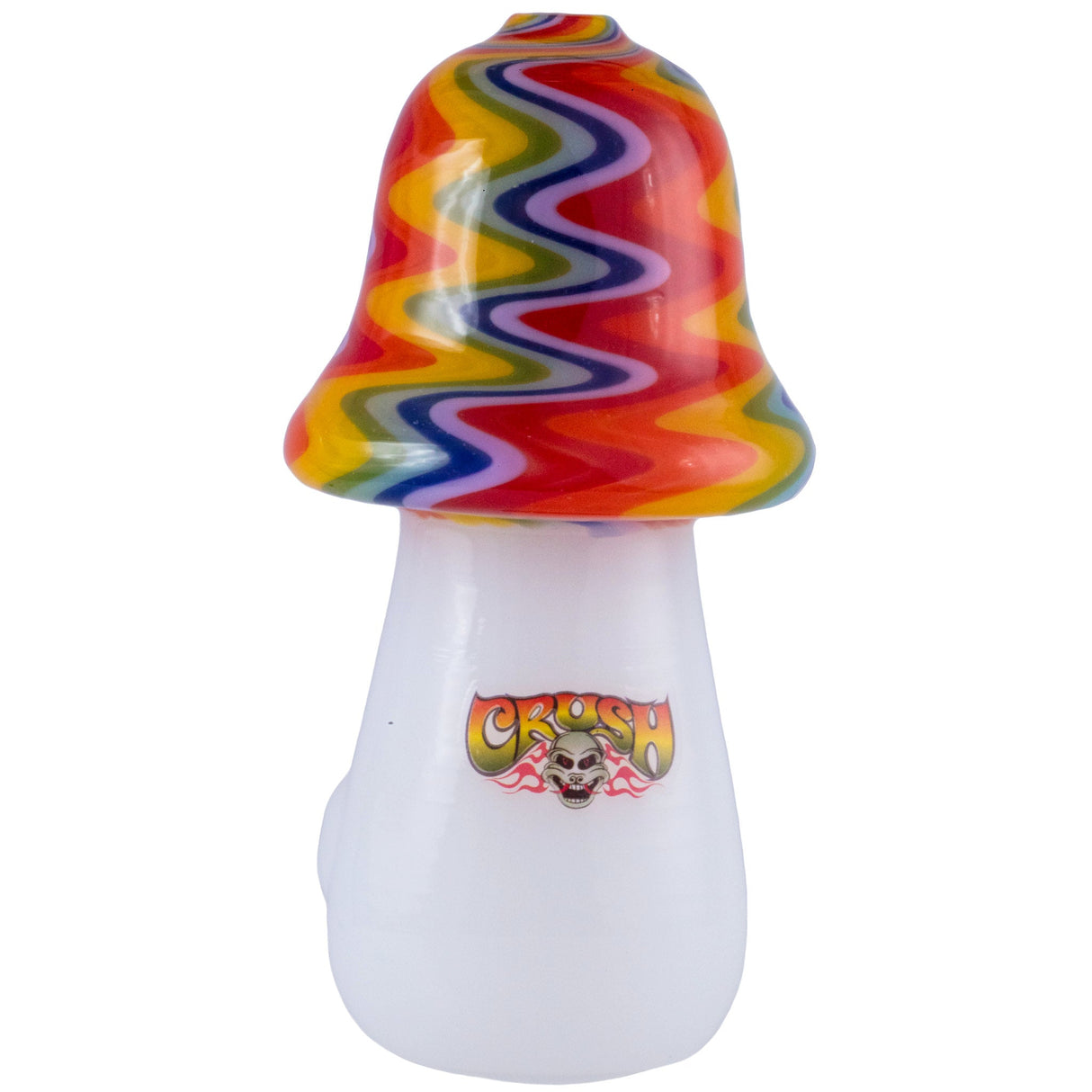 Crush Headdy Topper Hand Pipe with colorful mushroom design and dragon badge, front view