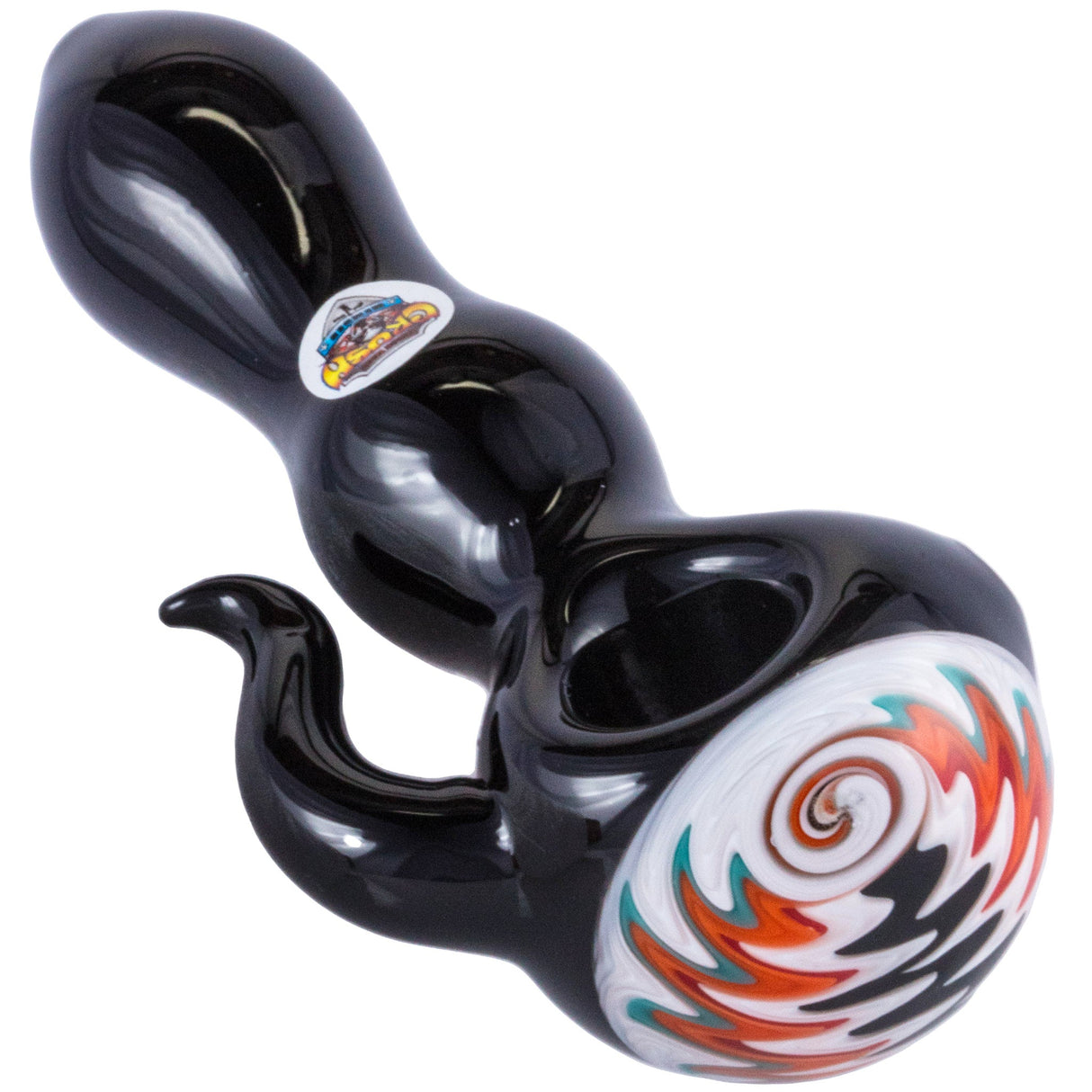 Crush Eye Candy Black Onyx Tusk Hand Pipe with Orange Swirl - Easy Grip Design - Top View