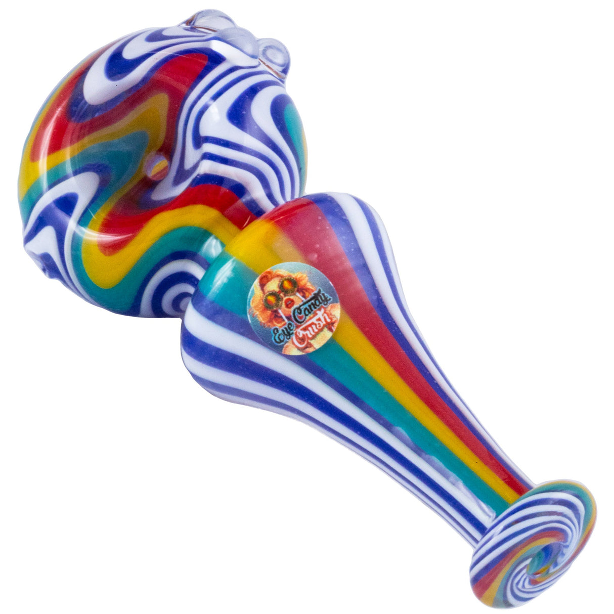 Crush Cone-Body Crayon Spoon Pipe in Blue White Line, Colorful Swirl Design, Side View