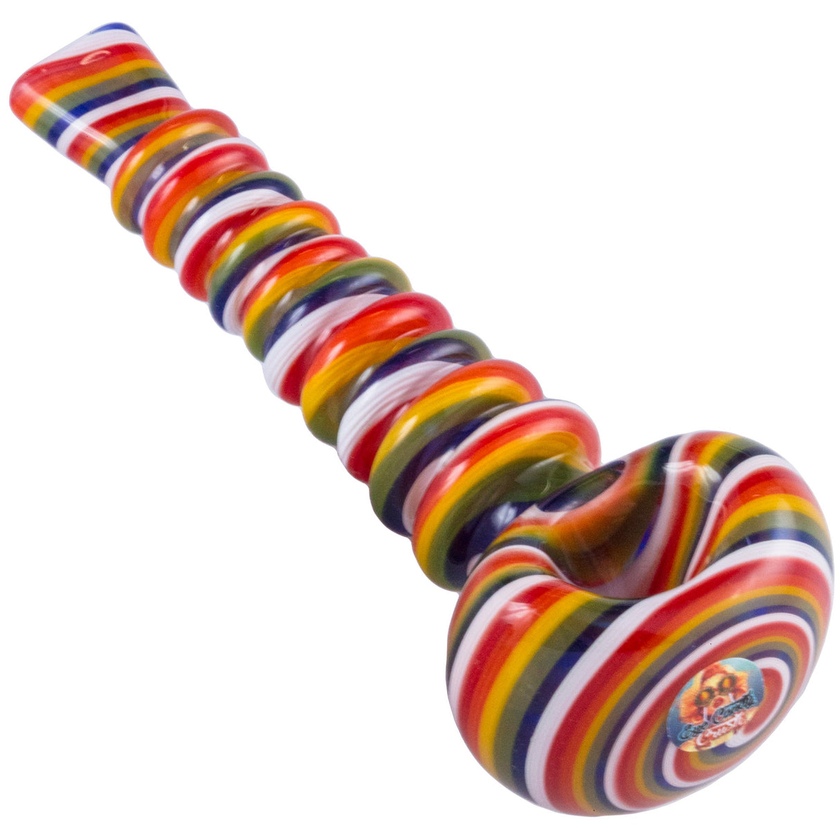 Crush Eye Candy MegaTwist 5" HandPipe with Flat Mouthpiece in Rainbow Colors, Angled View