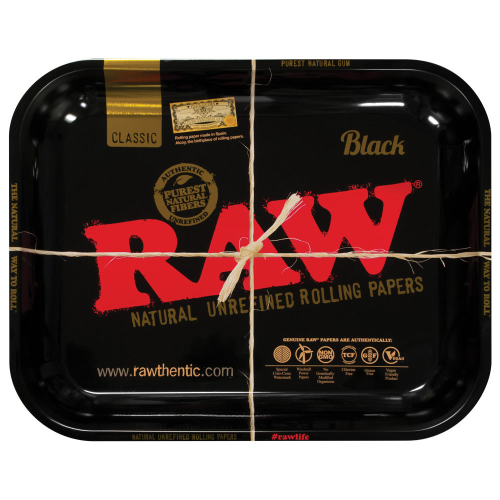 RAW High Sided Steel Rolling Tray featuring a classic black design with iconic RAW branding