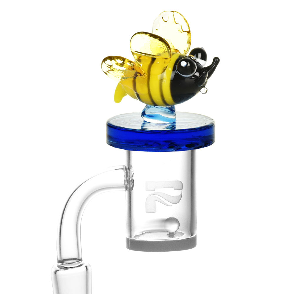 Colorful Air Spin Channel Carb Cap on Dab Rig with Clear Glass, Side View