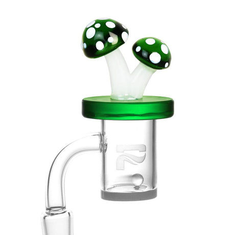 Air Spin Channel Carb Cap with mushroom design, green top, side view on clear dab rig