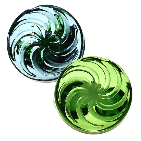 Air Spin Channel Carb Cap in blue and green, top view showcasing spiral design, for dab rigs