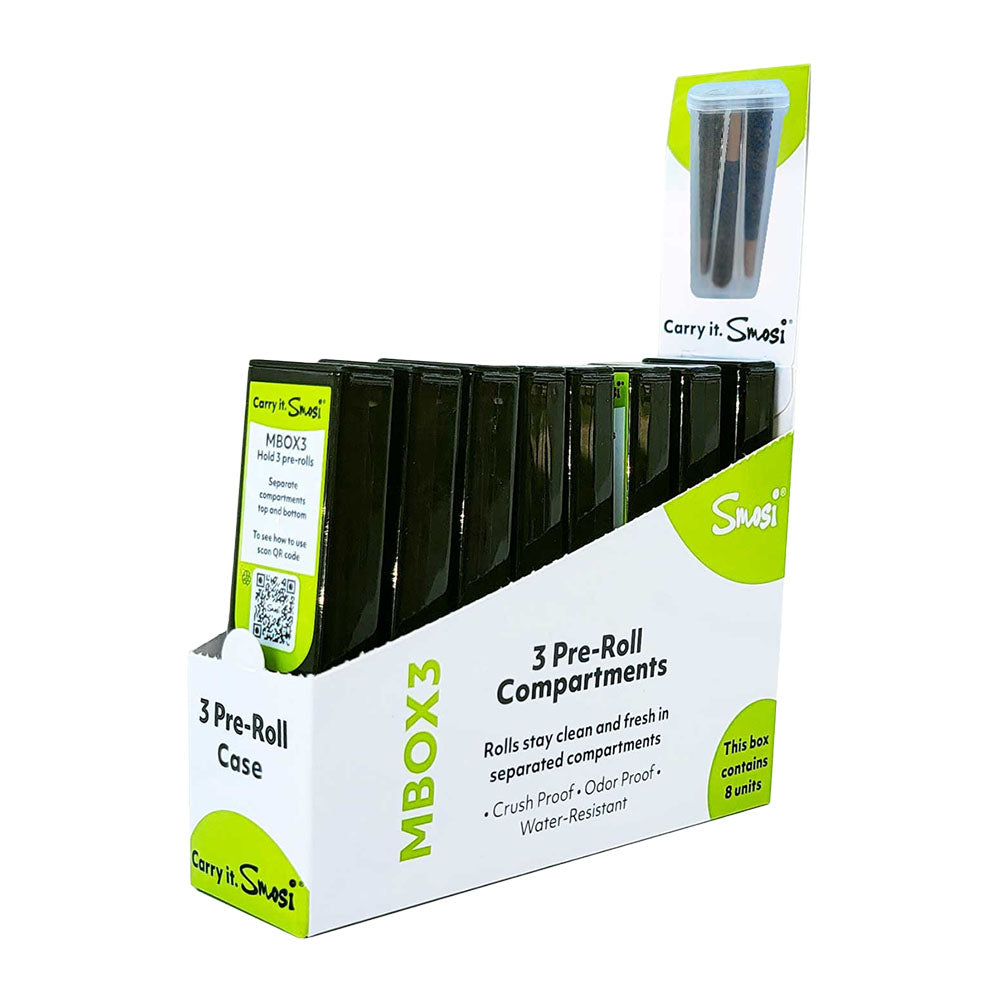 Smosi MBox3 Pre-Roll Case Display - Black, 8-piece set, angled view highlighting compartments