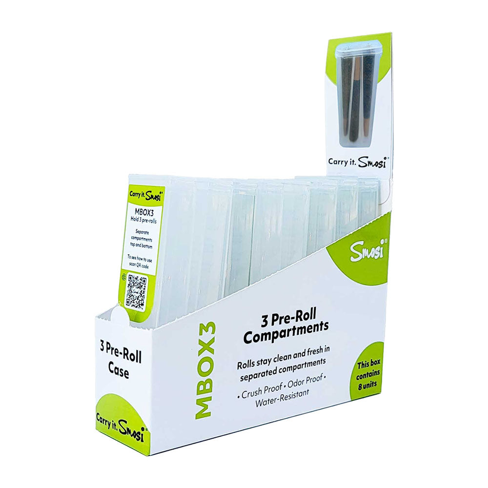 Smosi MBox3 Black Pre-Roll Case Display, 8pc, Front View, Crush-Proof & Odor-Resistant