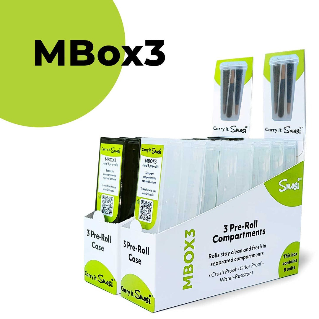 Smosi MBox3 Pre-Roll Case Display - Black, 8pc Set, Front View, Odor-Proof and Water-Resistant