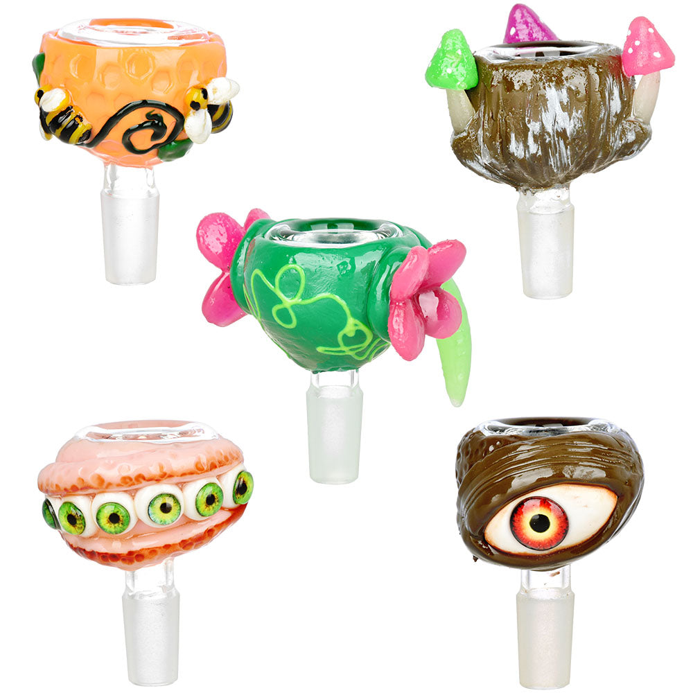 Assorted 14mm Glass & Enamel Herb Slides for Bongs, Unique Designs, Front View