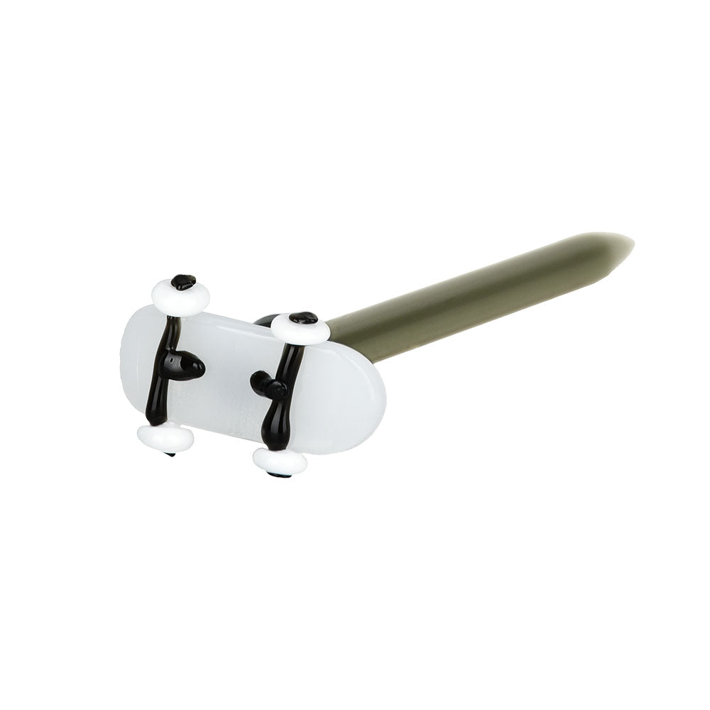 Skateboard-shaped glass dab tool in assorted colors with a sleek design, side view on white background