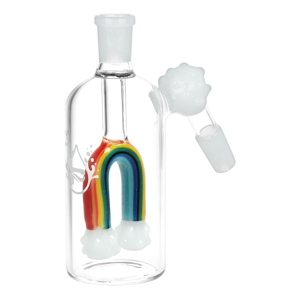 Pulsar Chasing Rainbows Ash Catcher, 5" tall, 14mm, clear glass with rainbow design, front view