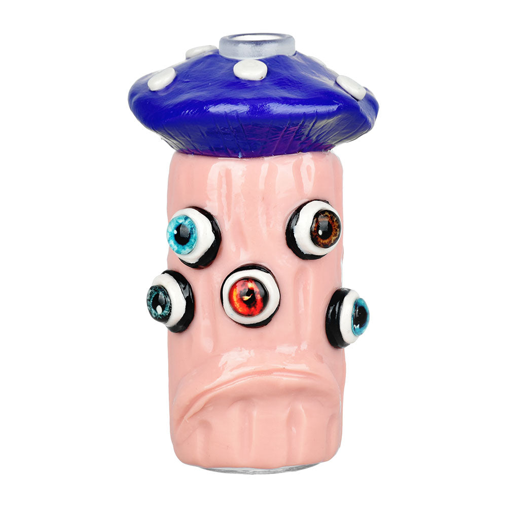 Shrooms Have Eyes Glow Ash Catcher, 4.5" 14mm 90D, Colorful Mushroom Design - Front View