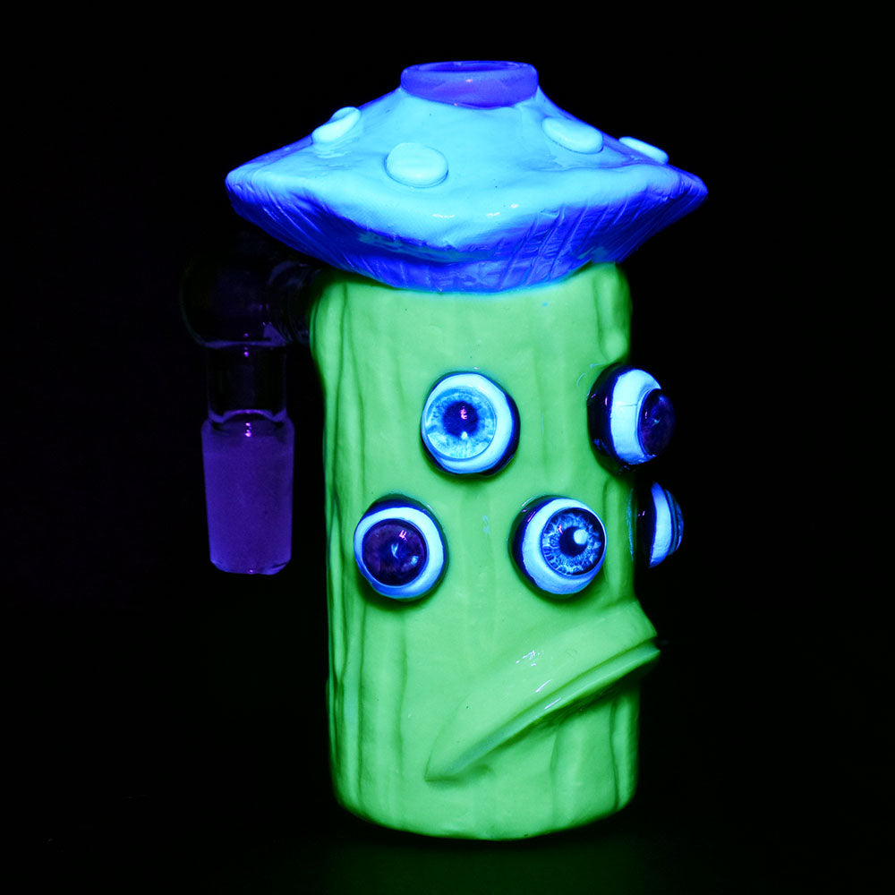 Glowing Shrooms Have Eyes Ash Catcher, 4.5" 14mm 90D, Front View on Black Background