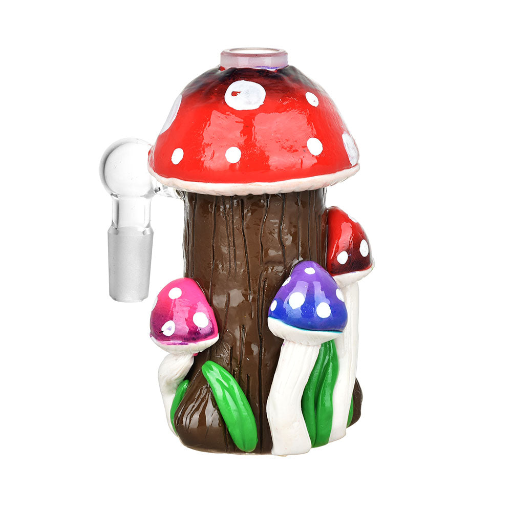 Colorful Shroom Cluster Glass Ash Catcher - 14mm Male Joint, 90 Degree Angle, Front View
