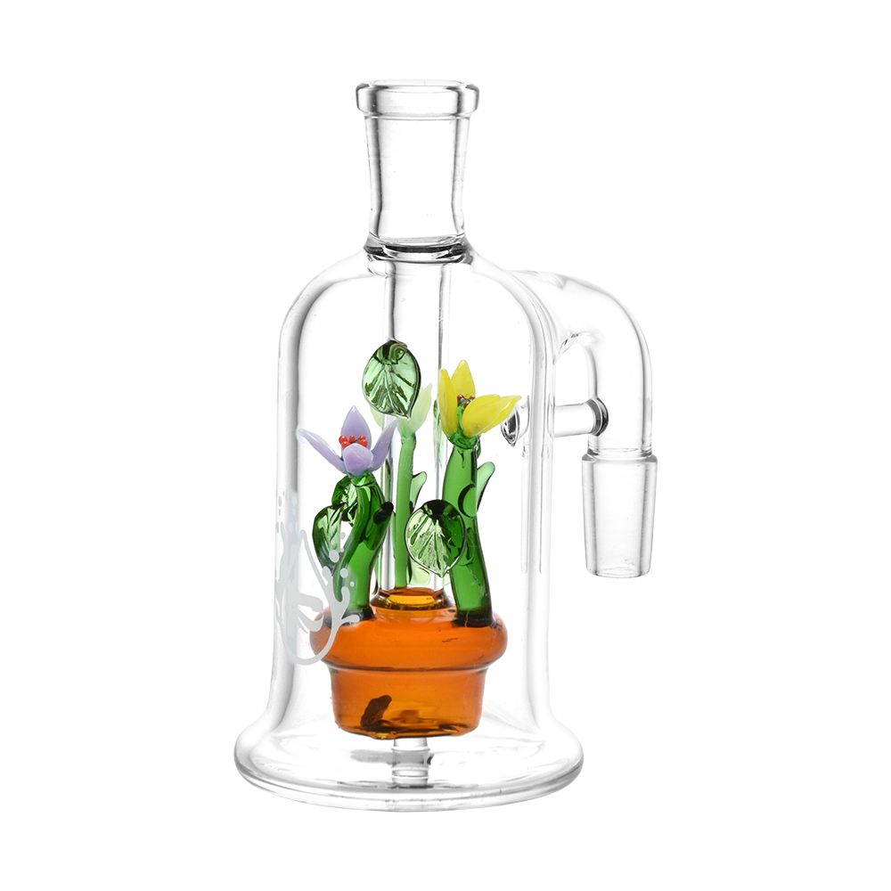 Pulsar Wild Flowers Glass Ash Catcher, 5" 14mm 90D, Front View with Intricate Floral Detail