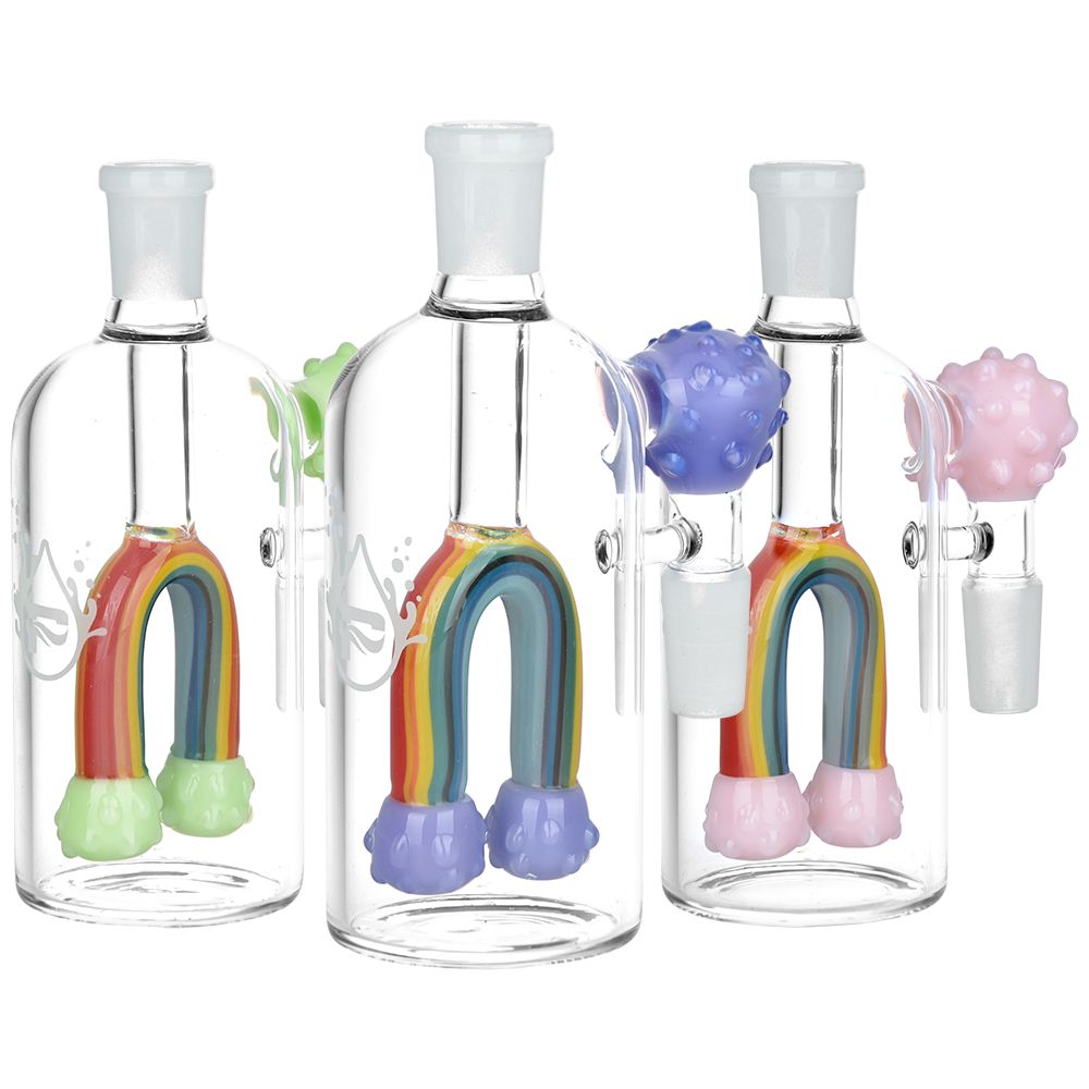 Pulsar Rainbow Glass Ash Catcher trio with 14mm joint at 90° angle, durable borosilicate, front view