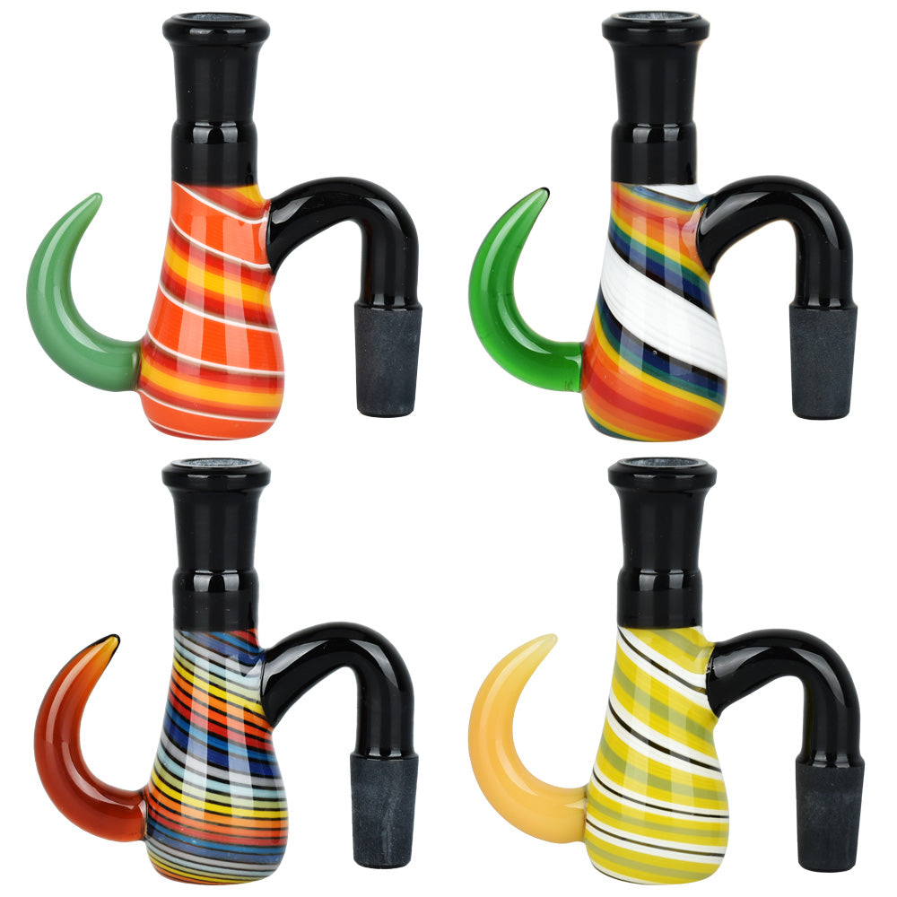 Variety of Horned Wonder Dry Glass Ash Catchers in vibrant colors with 14mm Male Joint at 90 Degrees