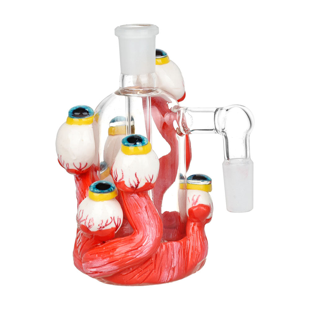 Glow in the Dark Ash Catcher with eyeball design, 4.5" 14mm Male 90D, front view on white background