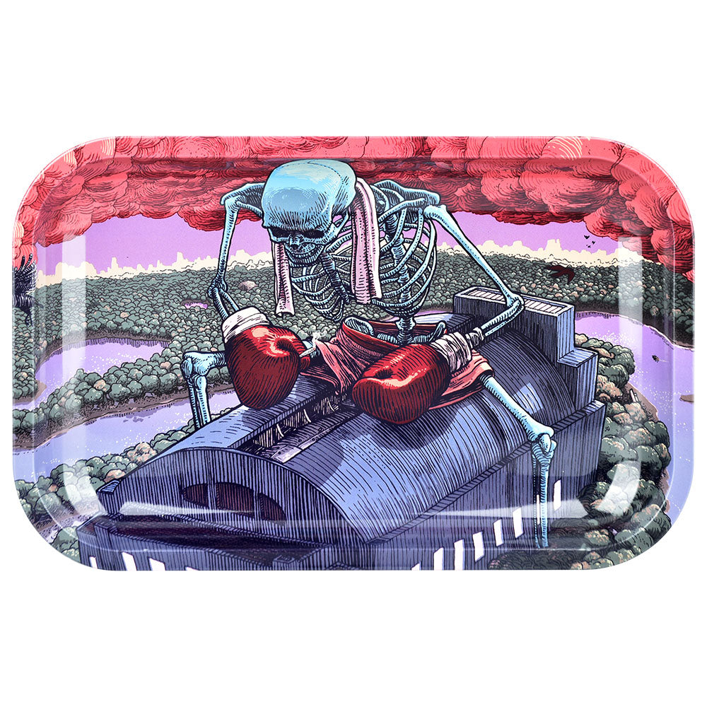 Pulsar Grateful Dead themed rolling tray with skeletal boxer design, 11"x7", top view