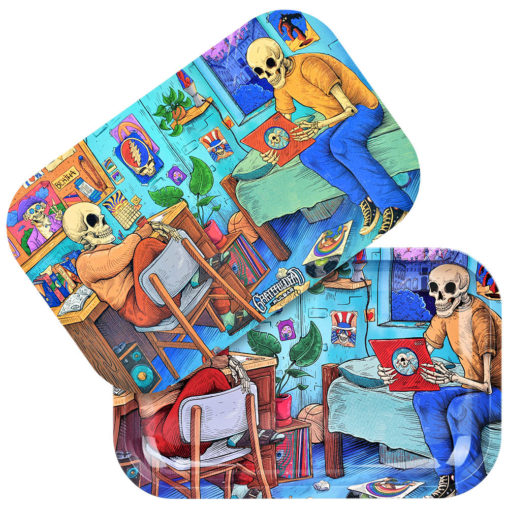 Pulsar Grateful Dead themed metal rolling tray kit with magnetic cover, 11"x7", top view