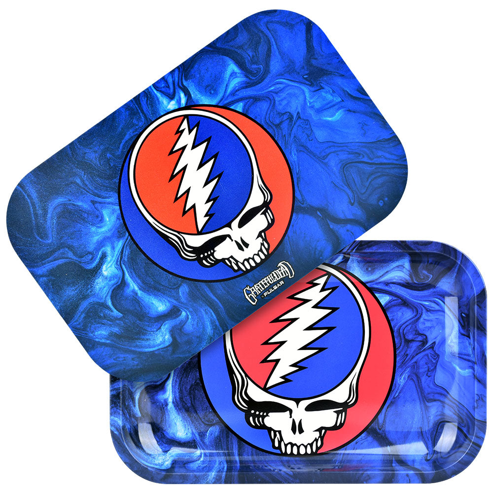 Pulsar Grateful Dead Steal Your Face Swirls Rolling Tray Kit, 11"x7", vibrant blue swirl design, top view