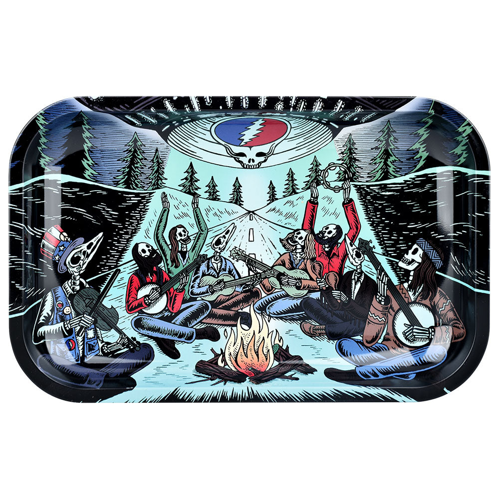 Pulsar Grateful Dead themed metal rolling tray with vibrant campfire graphic, 11"x7" size, top view