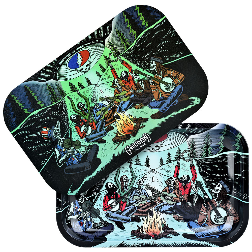 Pulsar Grateful Dead themed metal rolling tray kit with vibrant forest graphics, top view