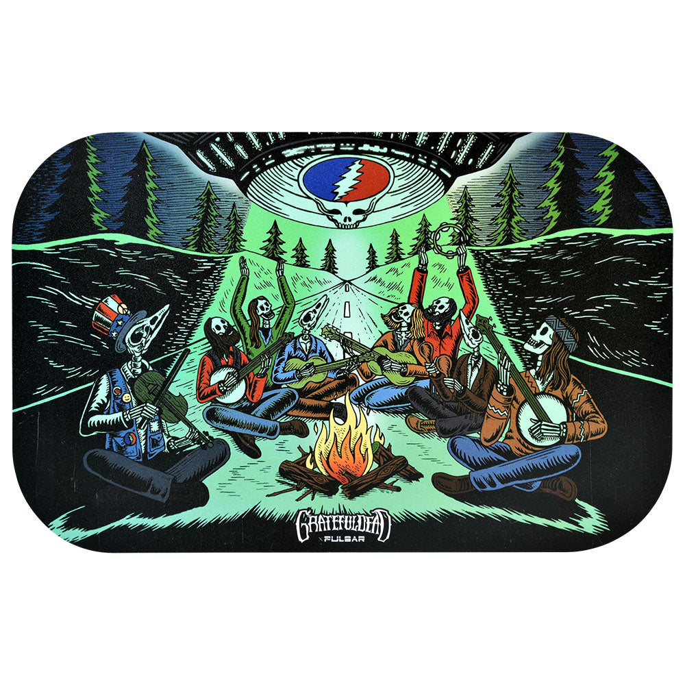 Pulsar Grateful Dead themed metal rolling tray kit with vibrant forest campfire design, 11"x7", top view