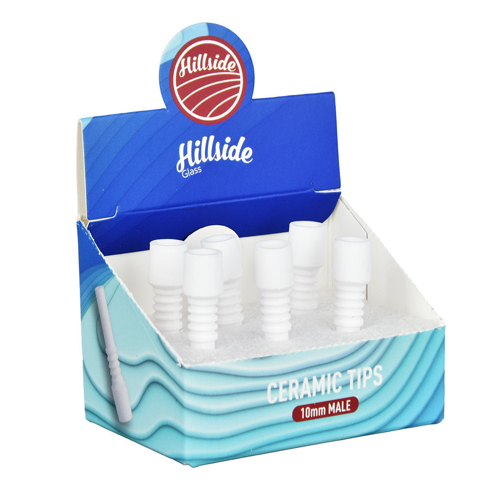 Hillside Glass 6-piece set of 1.5" ceramic dab tips with 10mm male joint displayed in box