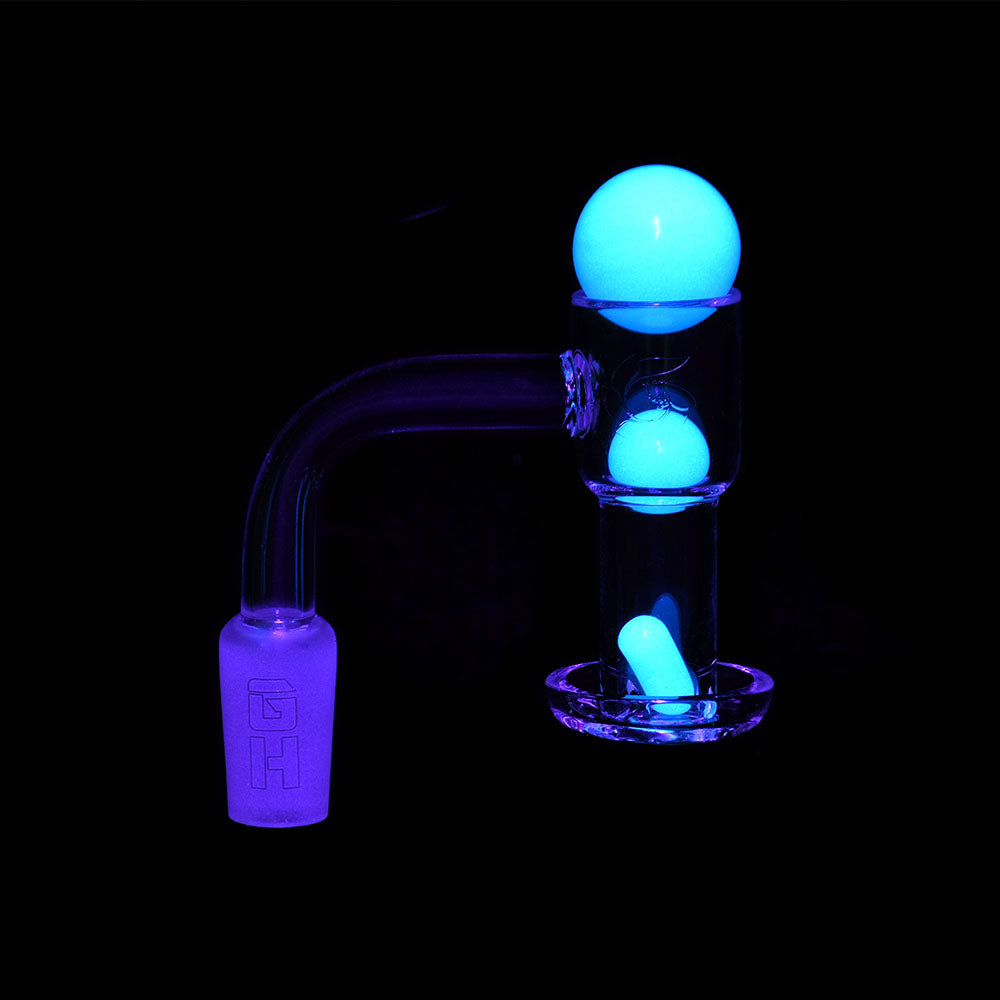 Glass House Terp Vacuum Banger Kit glowing blue in the dark - 14mm Male 90 Degree