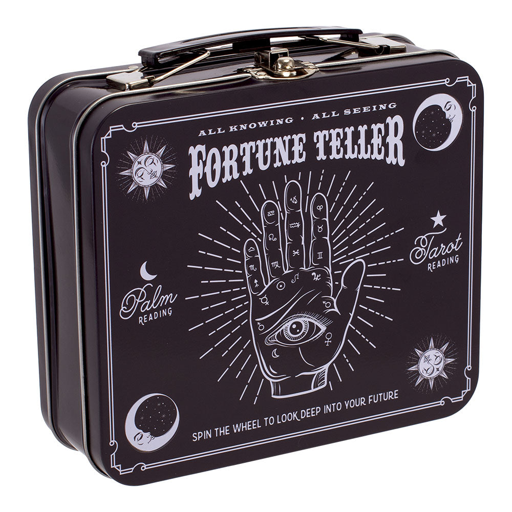 Fujima Fortune Teller Handled Tin Stash Box - 6.5" with mystical designs, front view