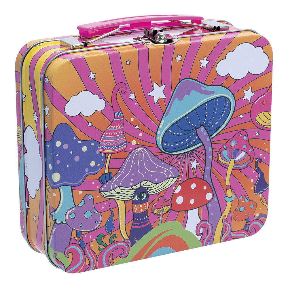 Fujima 6.5" Handled Tin Stash Box with Colorful Dancing Mushrooms Design, Front View