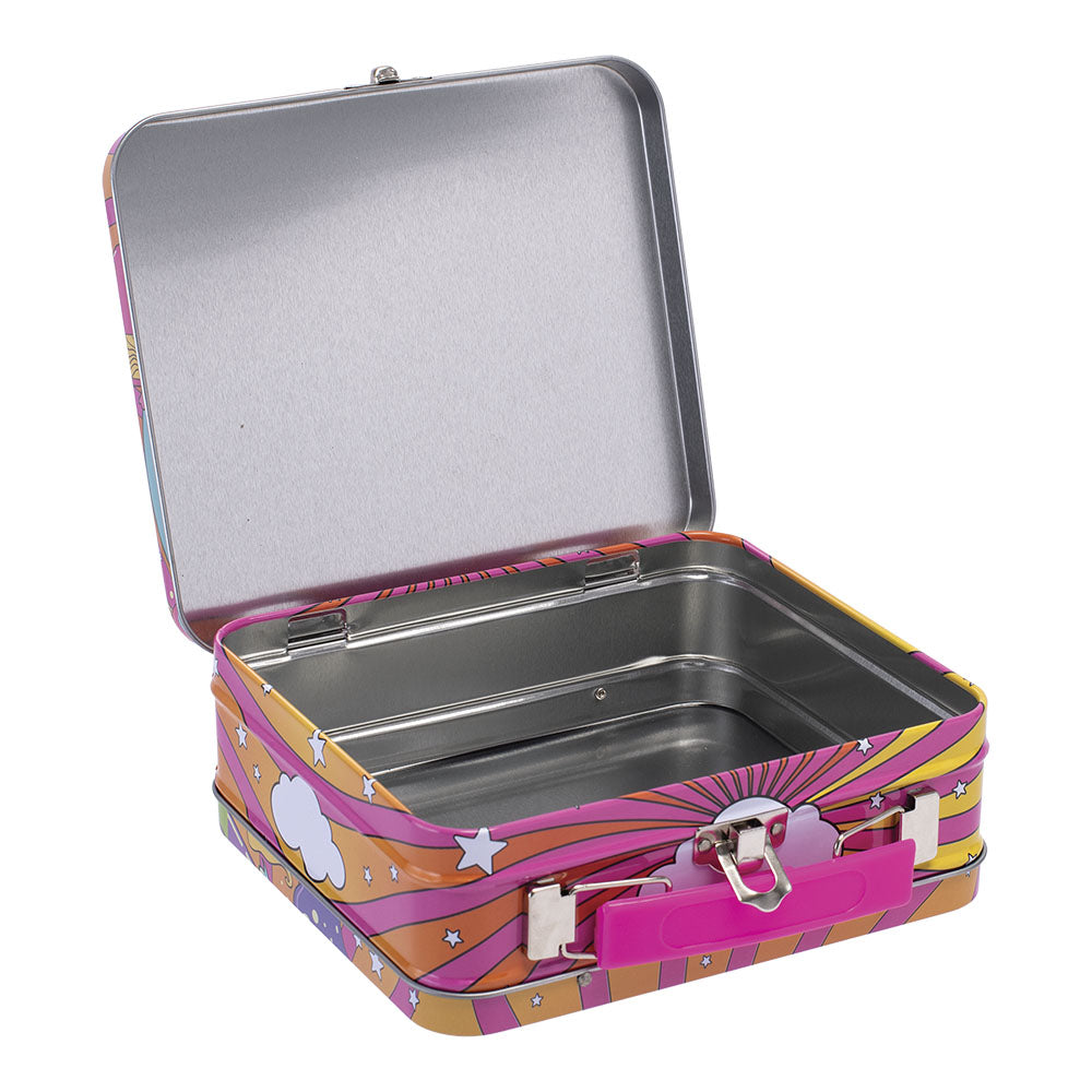 Fujima Handled Tin Stash Box Open Front View showcasing spacious interior, 6.5" size with vibrant design