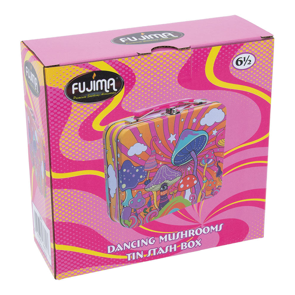 Fujima 6.5" Tin Stash Box with Handle and Psychedelic Mushroom Pattern, Packaged, Front View