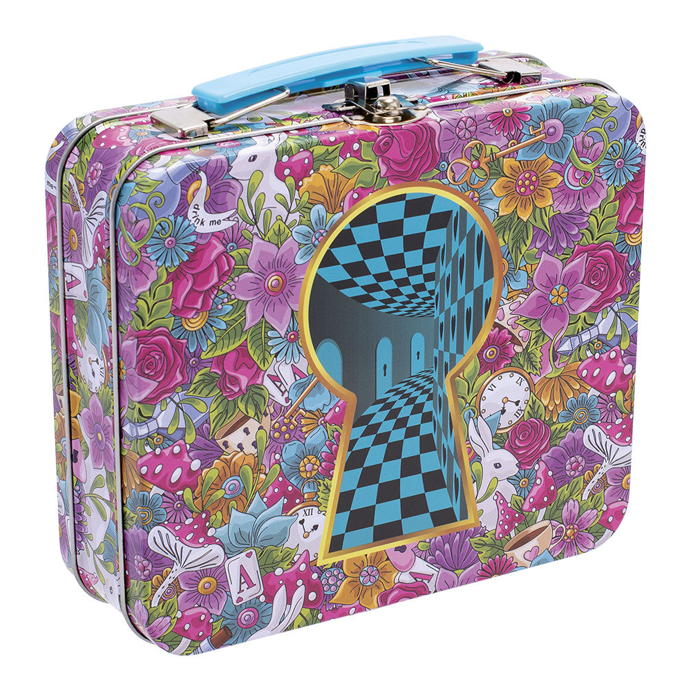 Fujima 6.5" Handled Tin Stash Box - Down the Rabbit Hole Design - Front View