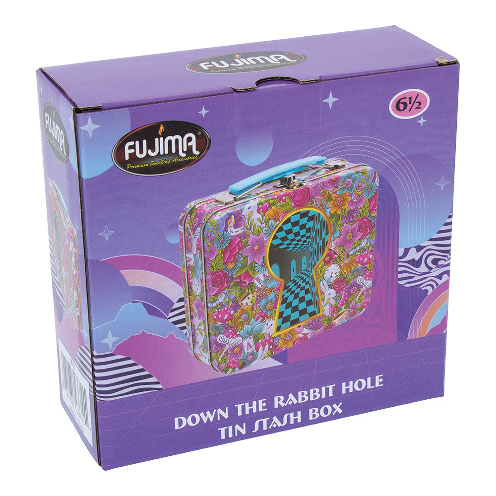 Fujima Handled Tin Stash Box in packaging with colorful 'Down the Rabbit Hole' design