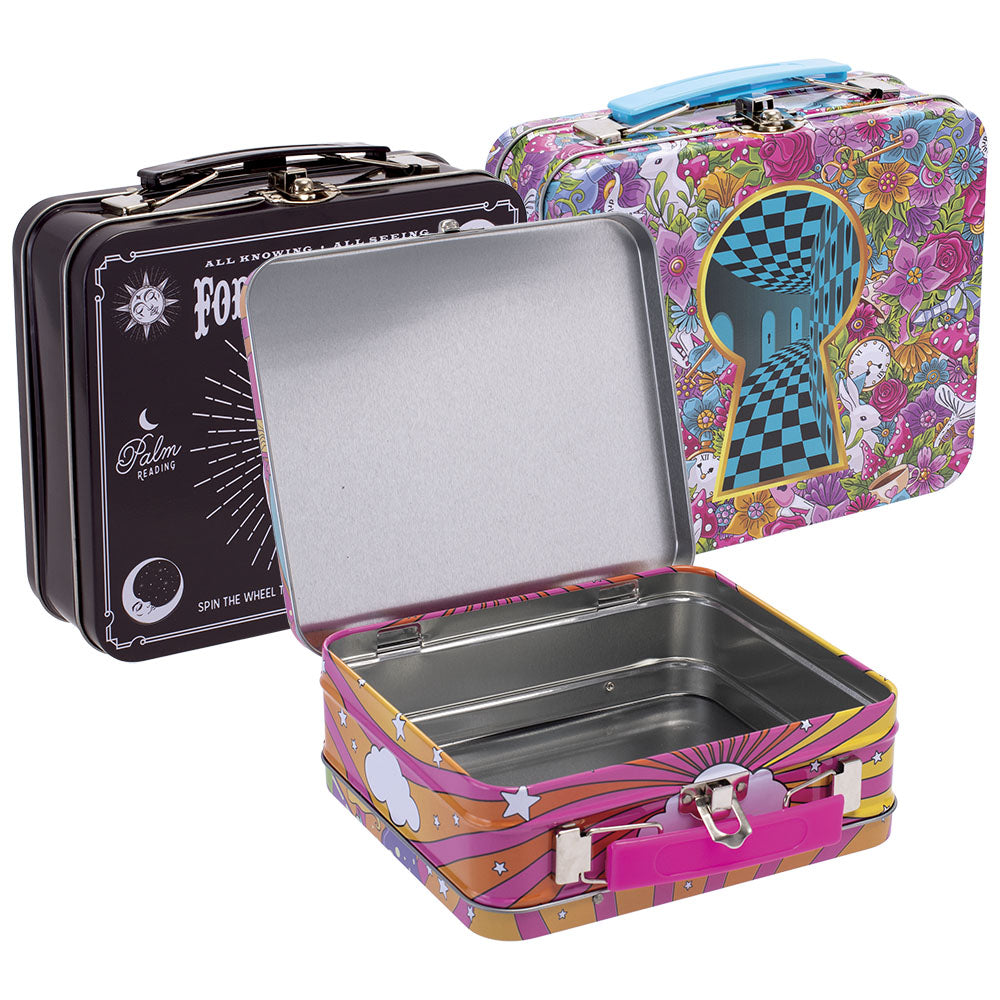Fujima Handled Tin Stash Boxes in various designs, 6.5" size, front and open view